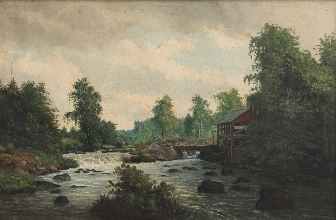 OKÄND KONSTNÄR, FLODLANDSKAP MED VATTENKVARN, OSIGNERAD, O. 1900. — Paintings — Crafoord Auktioner Lund