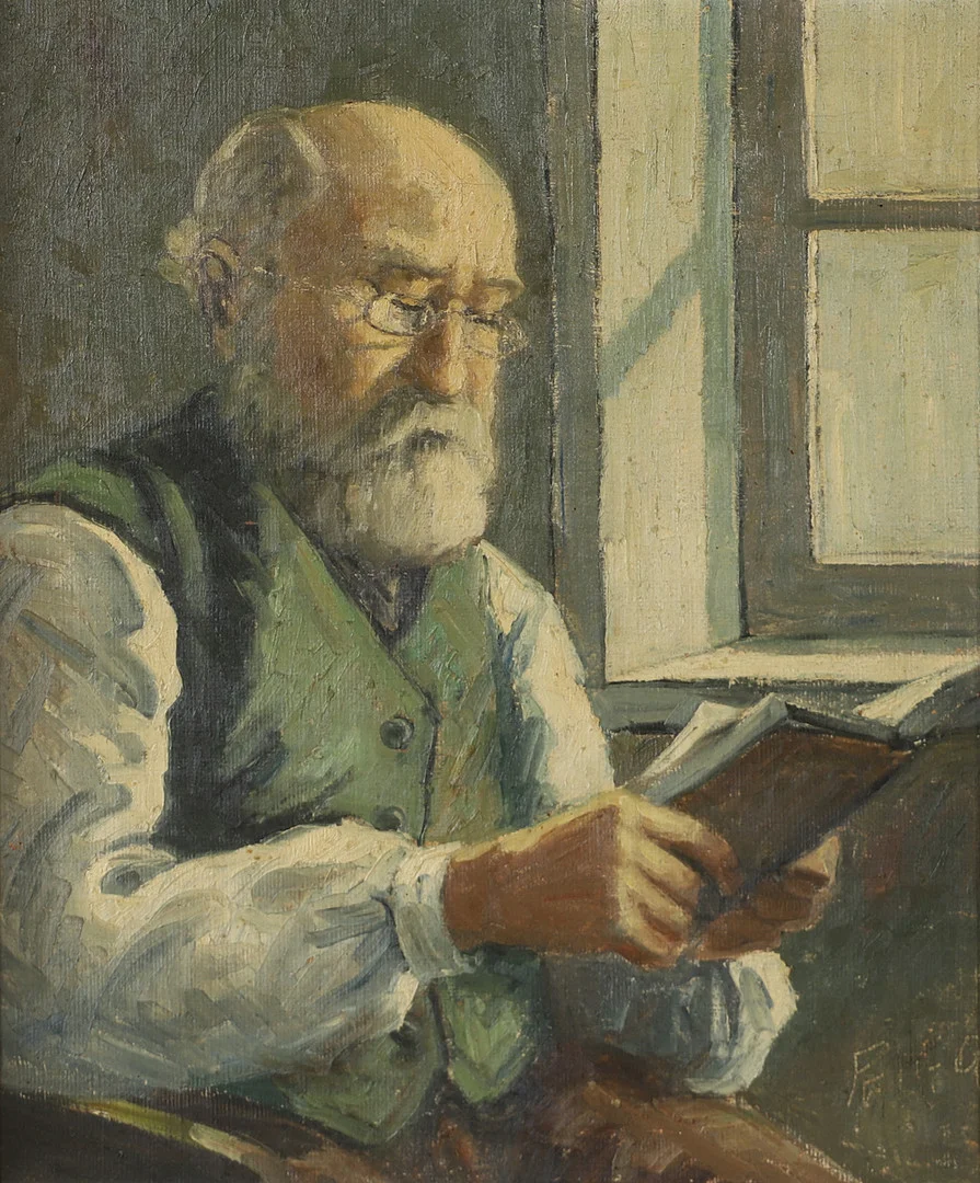 OIDENTIFIERAD KONSTNÄR. Läsande man, olja på duk, otydligt signerad. — Paintings — Helsingborgs Auktionskammare