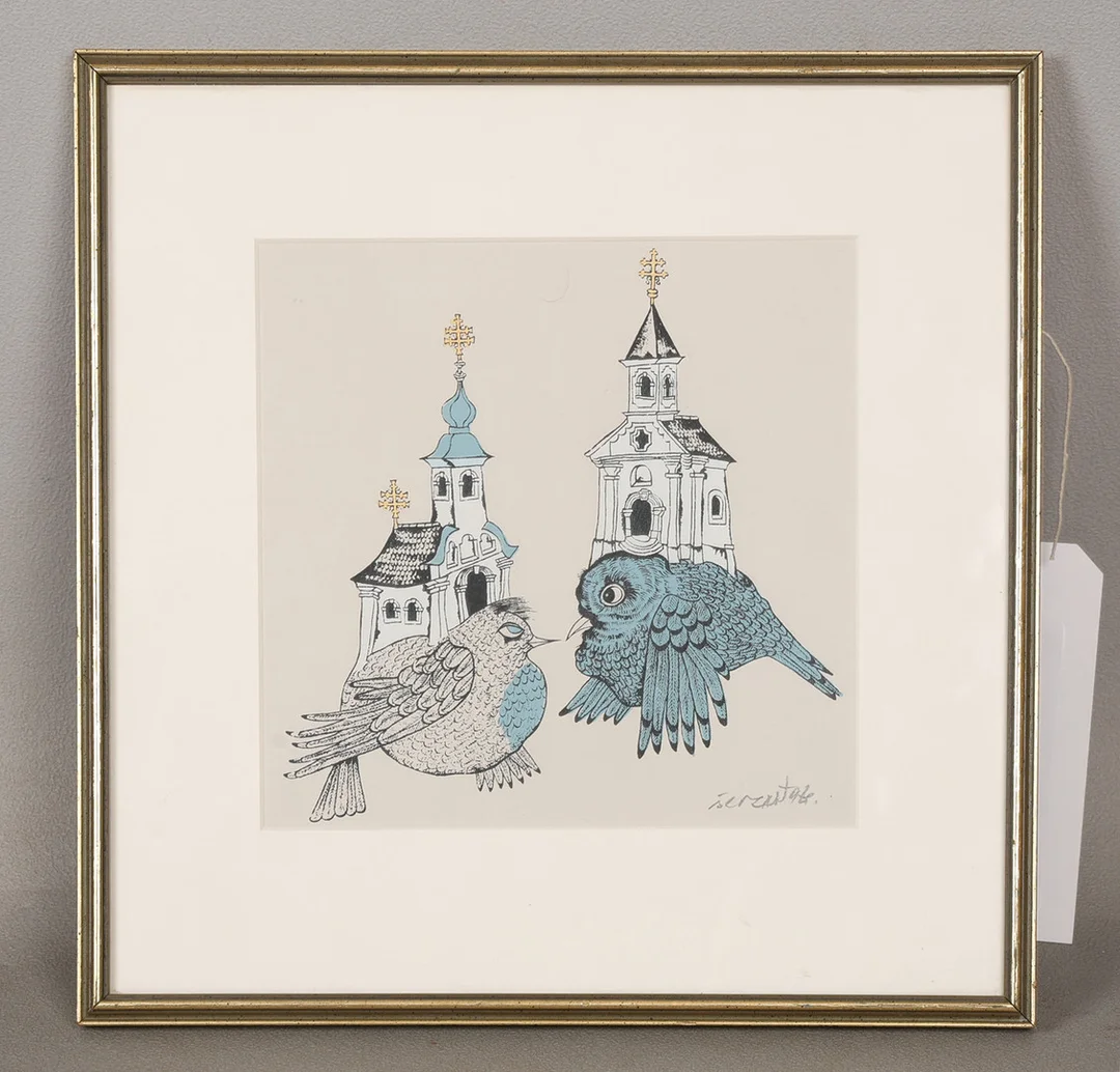 HRVOJE SERCAR (1936-2014), STUDY OF TWO BIRDS AND CHURCHES. — Engravings & Prints — Bishop & Miller