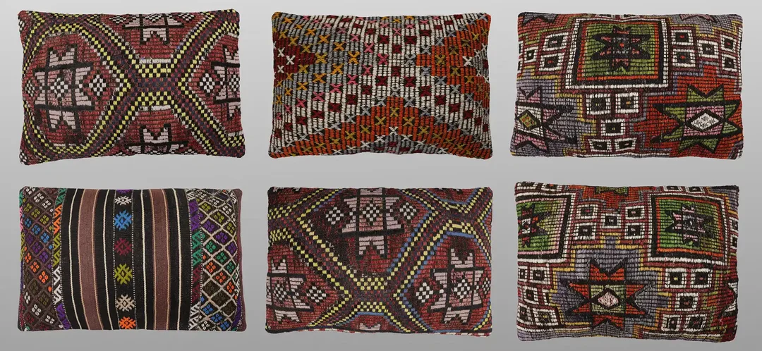 ORIENTMATTA. Parti kuddfodral 6st, anatoliska Kelim fragment, 60 x 40 cm. — Oriental Carpets & Textiles — Gomér & Andersson Norrköping