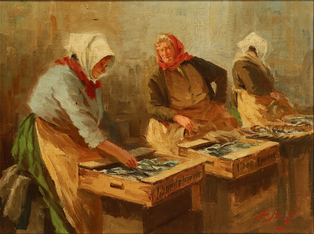 SØREN CHRISTIAN BJULF (1890-1958). Motiv med fiskerkonerne på Gammel Strand i København, olie på lærred, signeret. — Paintings — Palsgaard Kunstauktioner