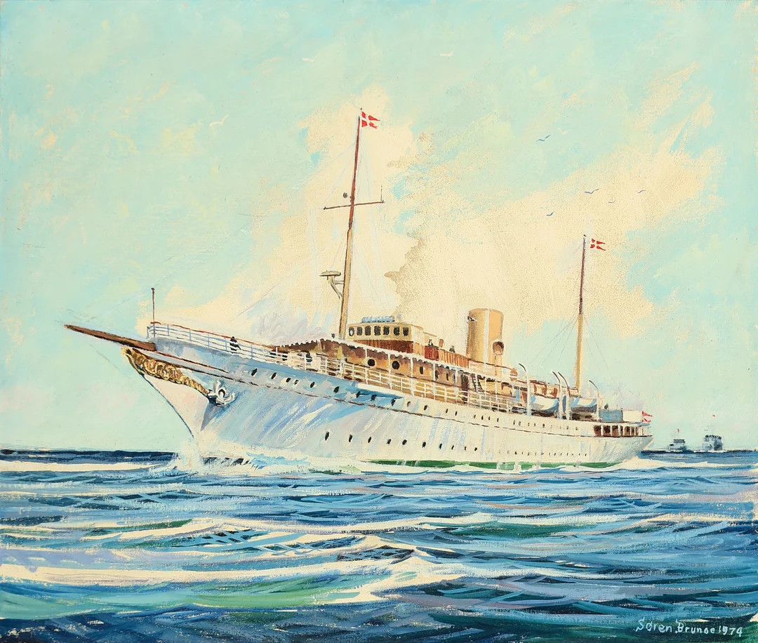 SØREN BRUNOE (1916-1994). Motiv med Kongeskibet Dannebrog, olie på lærred, signeret og dateret 1974. — Paintings — Palsgaard Kunstauktioner