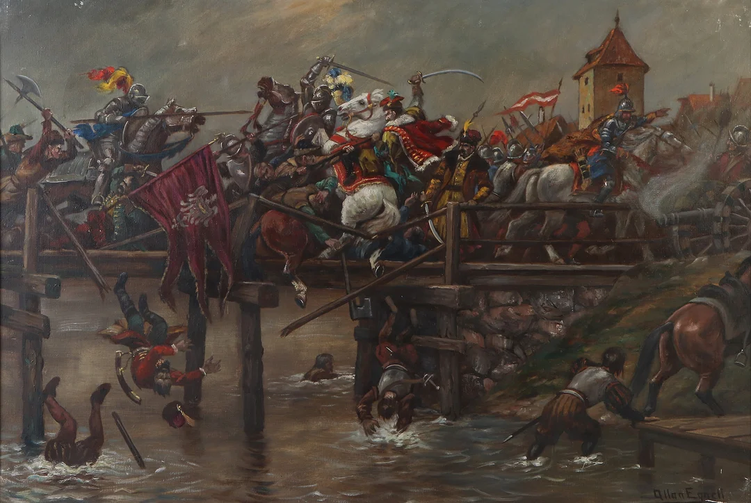ALLAN EGNELL. Oljemålning på duk, "Stångebro slag 25 sept..." Signerad. — Paintings — Skånes Auktionsverk