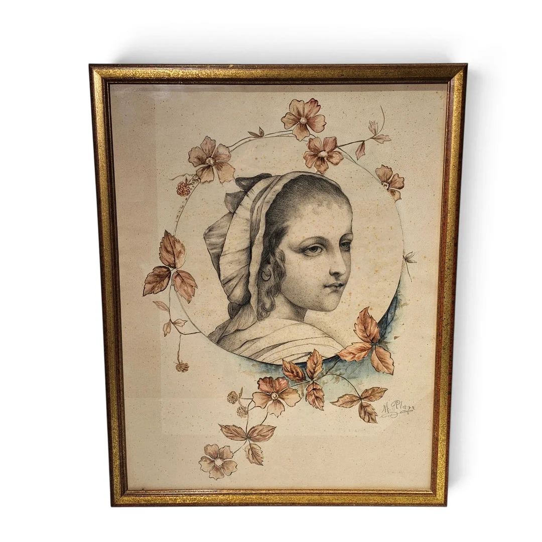 FIRMADO M. PLAZA (SIGLO XIX-XX). Retrato de joven enmarcado con flores. Técnica mixta sobre papel. — Drawings — Arce Auctions