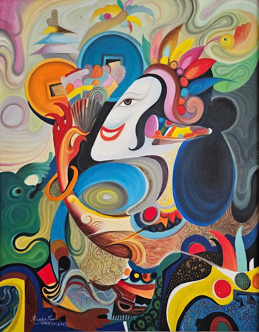 I GUSTI NYOMAN NODIA. Figurkomposition. Olja på duk, Tanah-lot(Bali). signerad. — Paintings — Auktionshuset Thörner & Ek