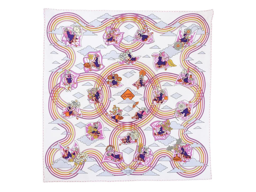 HERMÈS, SCARF, Carres Volants, Pierre Marie, 100% siden, 43x43 cm, multifärgad, vit, rosa, lila, orange, originalask. Very Good Condition. — Accessoarer/Scarves — Kaplans