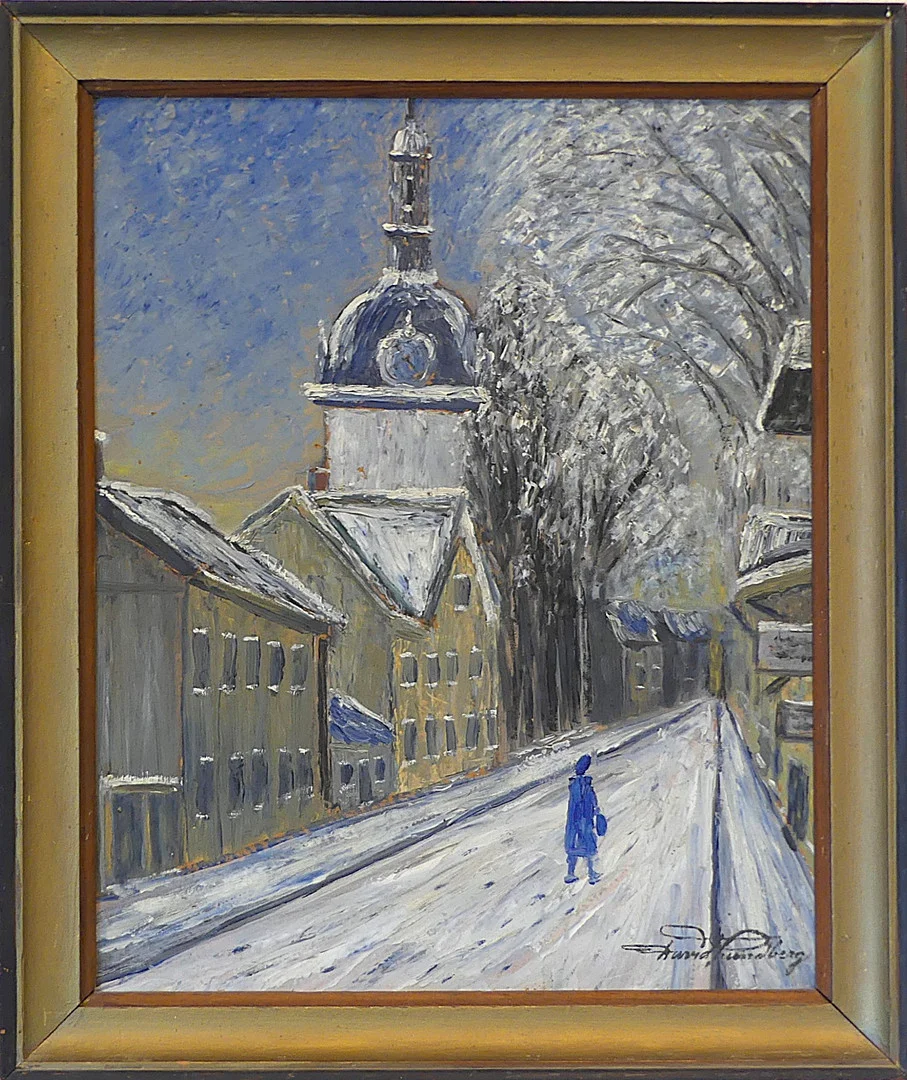 DAVID LUNDBERG. olja på pannå, "Rimfrost" Vänersborg, signerad. — Paintings — Lysekils Auktionsbyrå