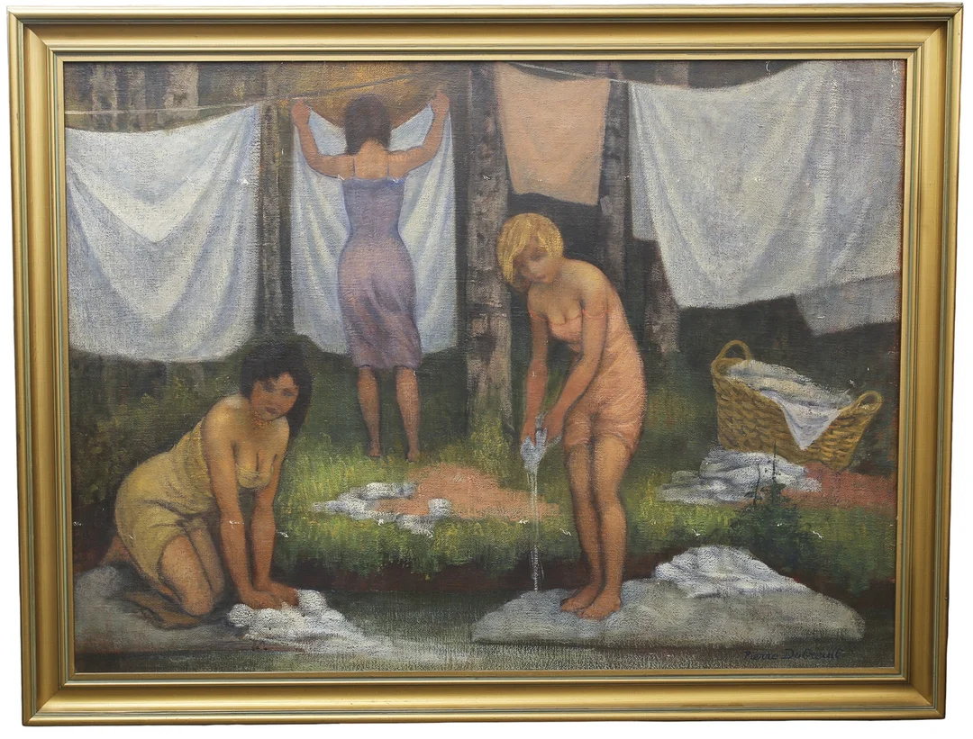 PIERRE DUBREUIL. Olja på duk, "Les Lavavandieres", signerad. — Paintings — Limhamns Auktionsbyrå