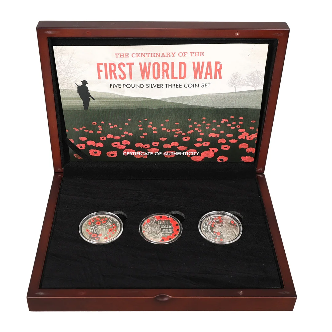 CENTENARY FIRST WORLD WAR FIVE POUND SILVER THREE COIN SET. — Coins & Banknotes — Bishop & Miller