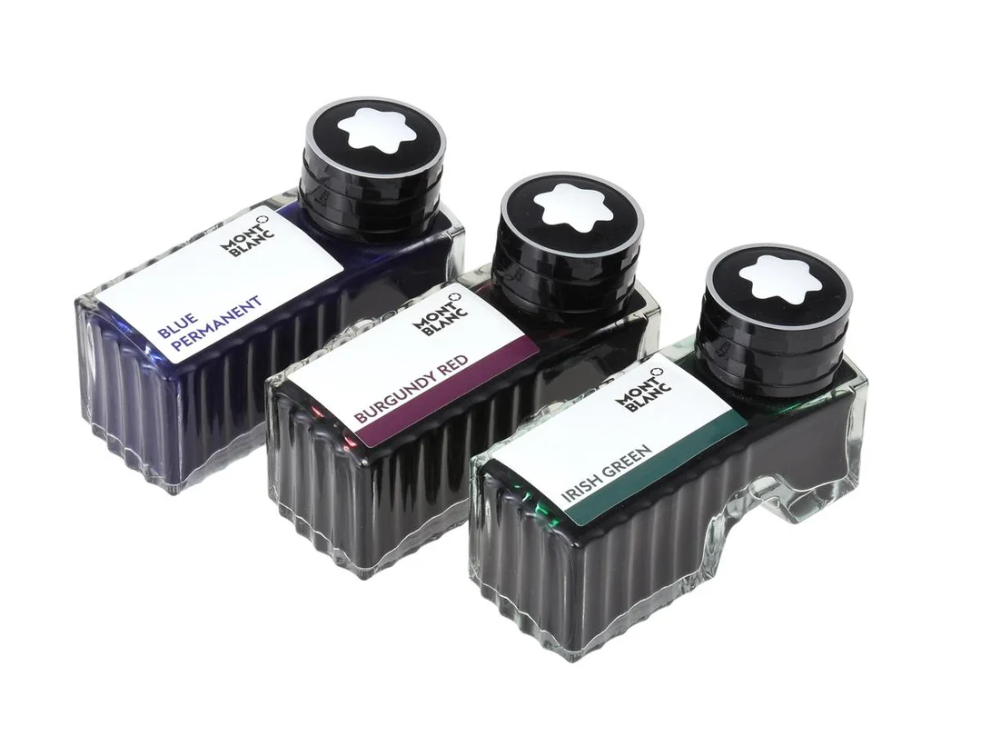 MONTBLANC, bläck, 3 st, Burgundy Red, Permanent Blue, Irish Green, 60 ml, made in Austria. — Accessoarer/Pennor — Kaplans