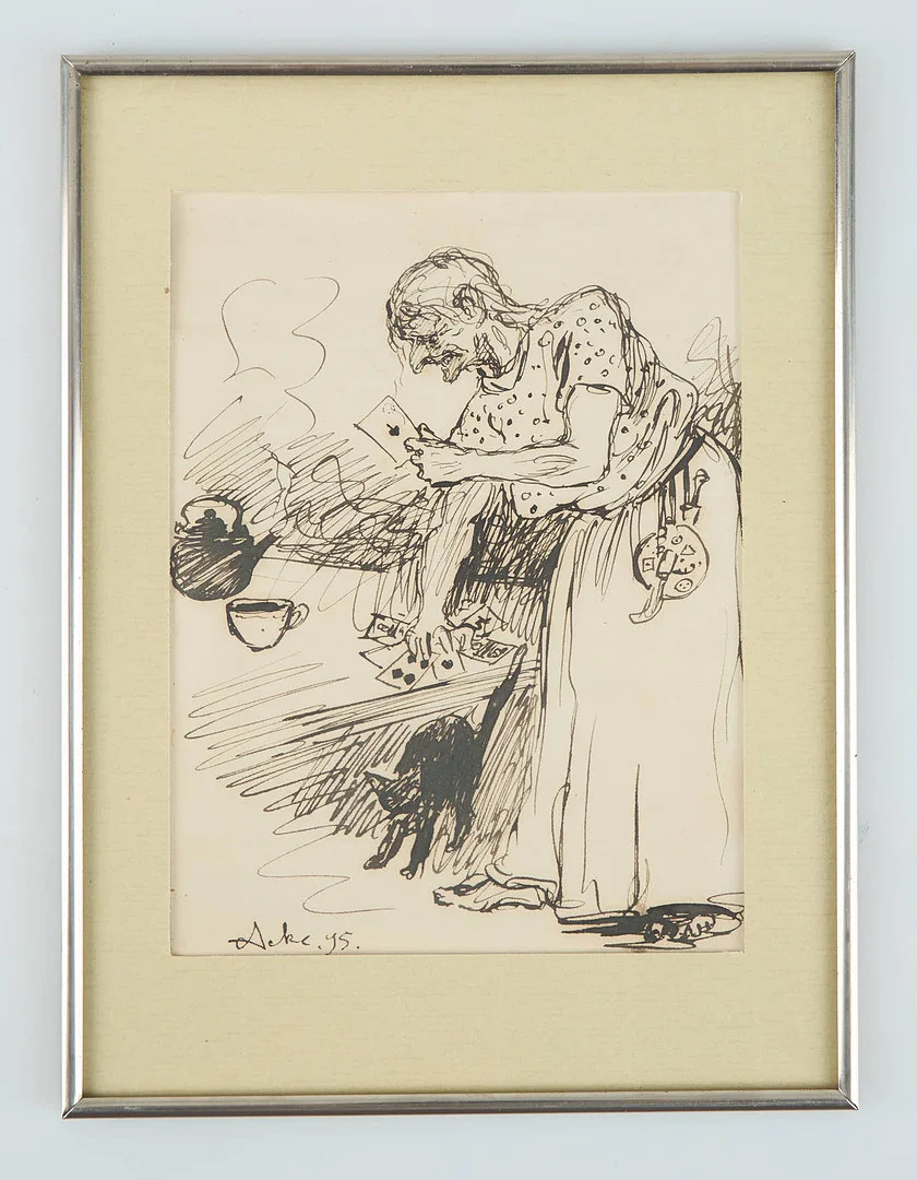 J.A.G. (JOHAN AXEL GUSTAF) ACKE. Gumma med katt, signerad samt daterad -95, tuschteckning. — Paintings — Stockholms Auktionsverk Helsinki