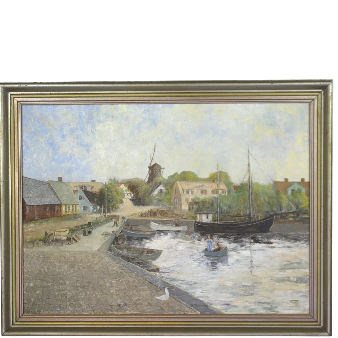 BROR TELLSTRÖM. Olja på duk, hamnbild med båtar och hus, signerad, 1900-tal. — Paintings — Höganäs Auktionsverk