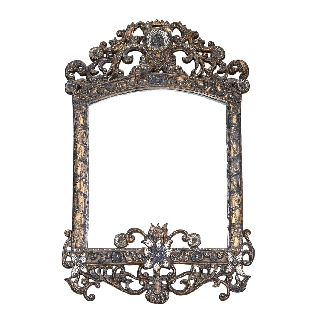 Mirror with Filipino-style frame in carved and ebonised wood with glass inlays, 20th Century. — Mirrors — Balclis