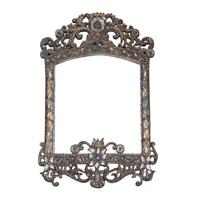 Mirror with Filipino-style frame in carved and ebonised wood with glass inlays, 20th Century.