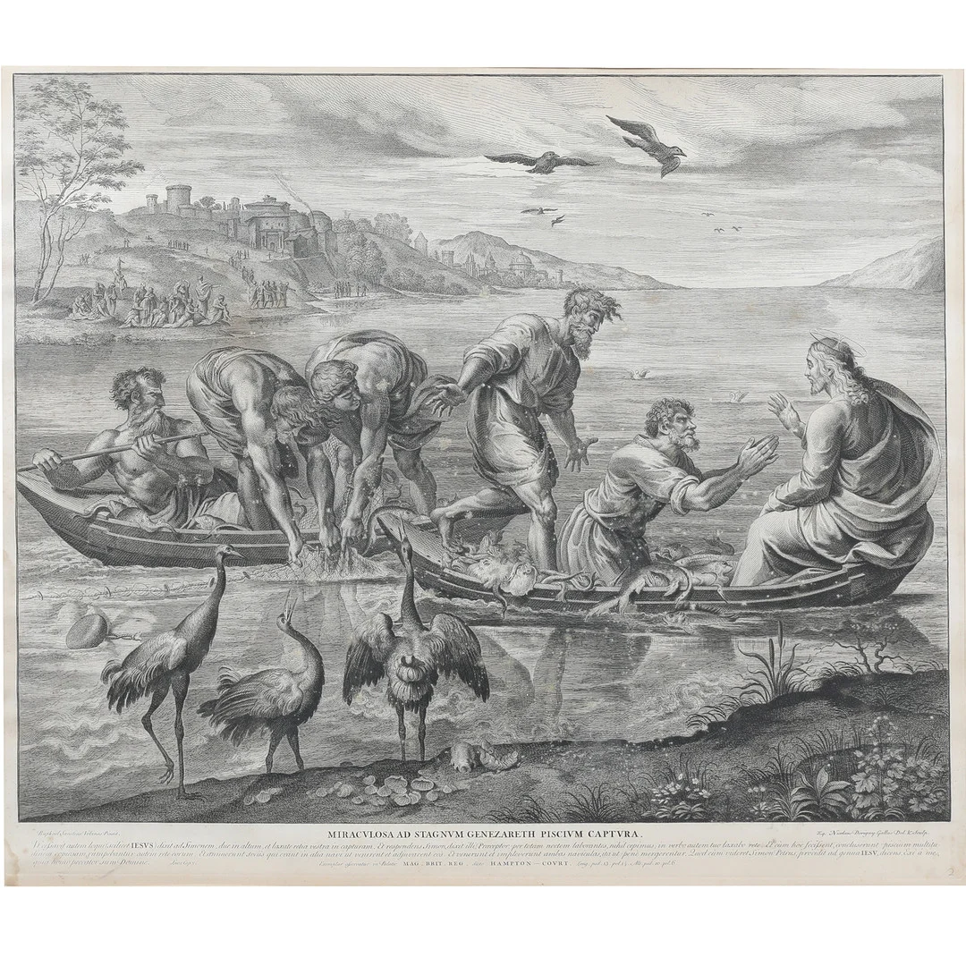 RAFFAELLO SANZIO DA URBINO / RAFAEL (1438-1520) & NICOLAS DORIGNY (1658-1746). EFTER. "Miraculosa stagnum Genezareth piscium captura", kobberstik, 1700-tallet. — Engravings & Prints — Bidstrup Auktioner