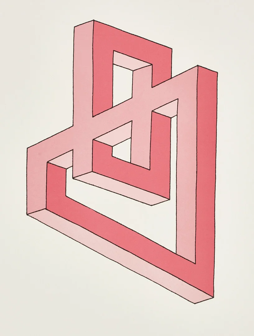 OSCAR REUTERSVÄRD (Sverige, 1915-2002), Perspective japonaise - Omöjlig figur i rosa, signerad, X / XL, färglitografi på Tumba Grafik papper (1985). — Engravings & Prints — Crafoord Auktioner Stockholm