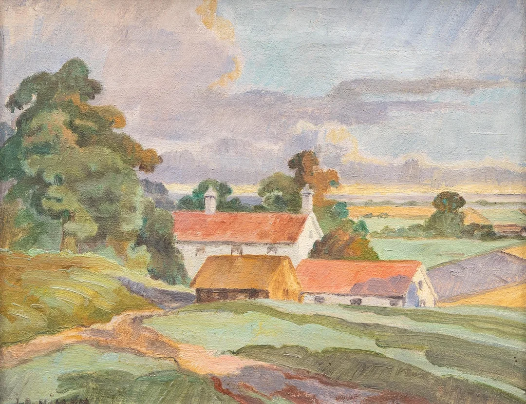 OIDENTIFIERAD KONSTNÄR. Gård i landskap, olja på duk, otydligt signerad. — Paintings — Garpenhus Auktioner