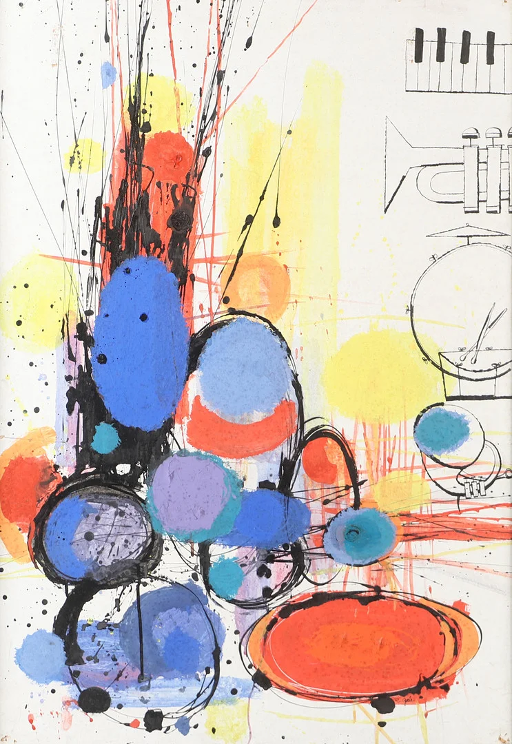 OKÄND KONSTNÄR. Komposition, blandteknik, otydligt signerad. — Paintings — Helsingborgs Auktionskammare