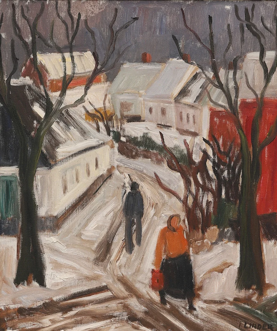 Vintergata, bär signatur Linder. — Paintings — Crafoord Auktioner Malmö