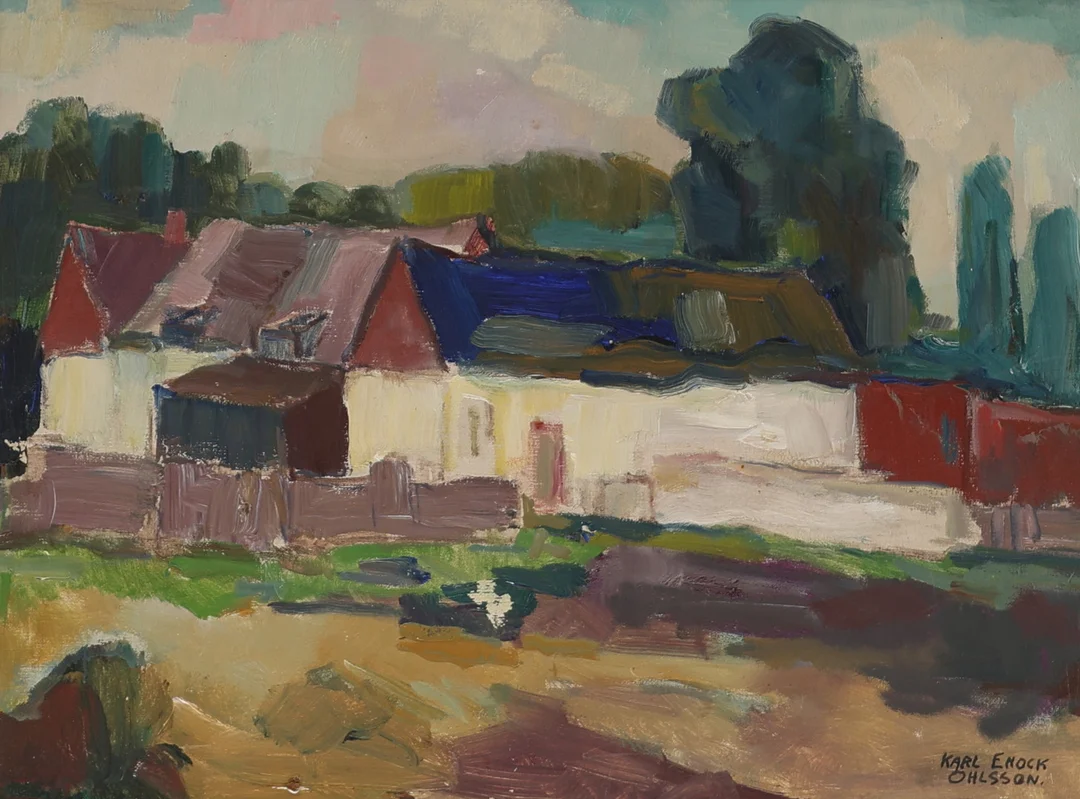 KARL ENOCK OHLSSON (1889-1958). Stadsbild i landskap, olja på duk, signerad. — Paintings — Gomér & Andersson Nyköping