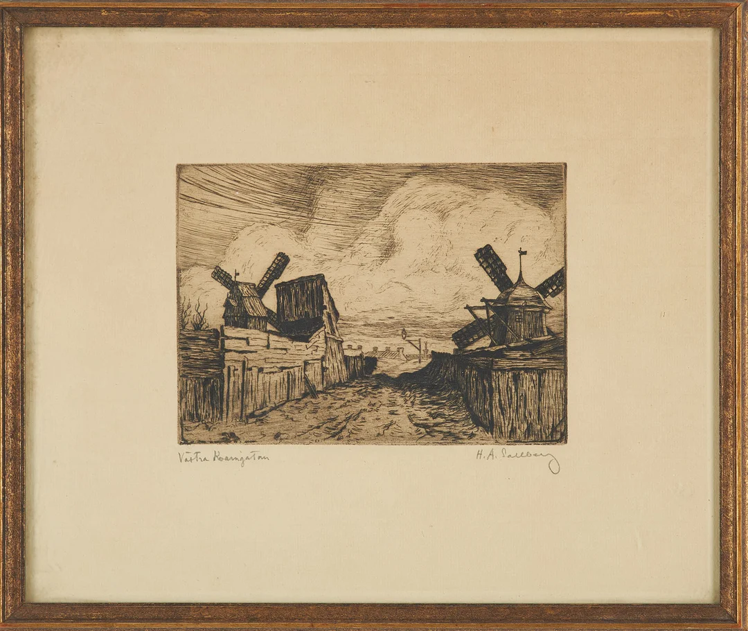 HARALD SALLBERG. "Västra Kvarngatan", etsning, signerad H.A Sallberg. — Other — Stockholms Auktionsverk Sickla