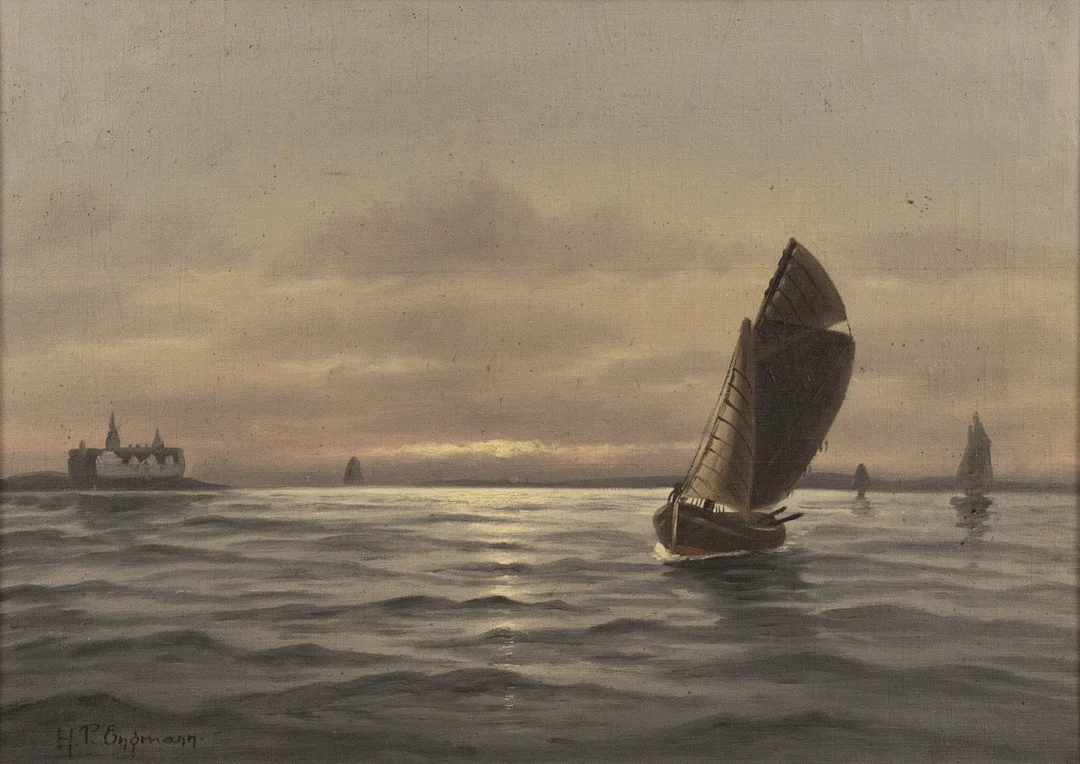 H.P. ENGMANN. Olja på pannå, marinmotiv med Kronborg Slott, signerad. — Paintings — Karljohan Auktioner