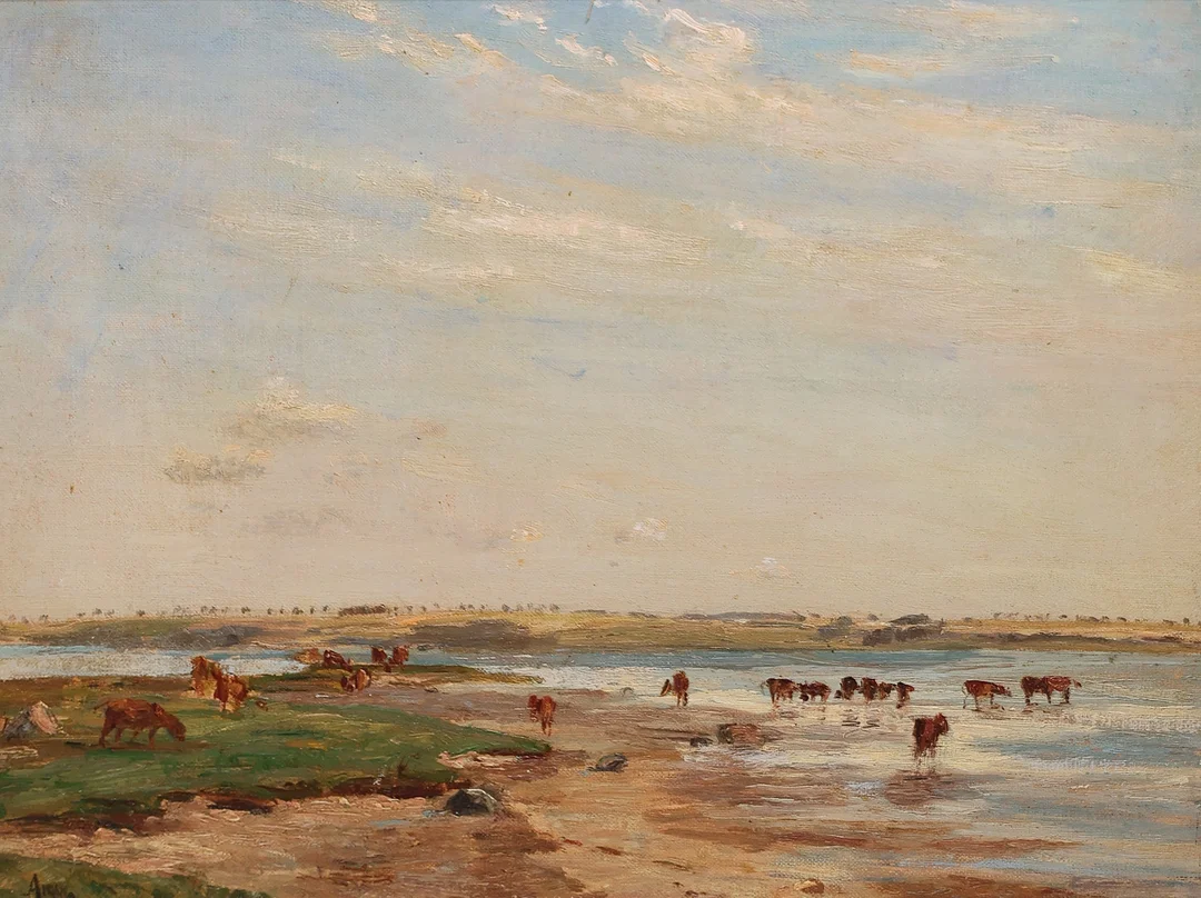 AXEL MARTIN LASSEN (1869-1946). Dansk sommerlandskab med køer i vandkanten, olie på lærred monteret på plade, signeret. — Paintings — Palsgaard Kunstauktioner