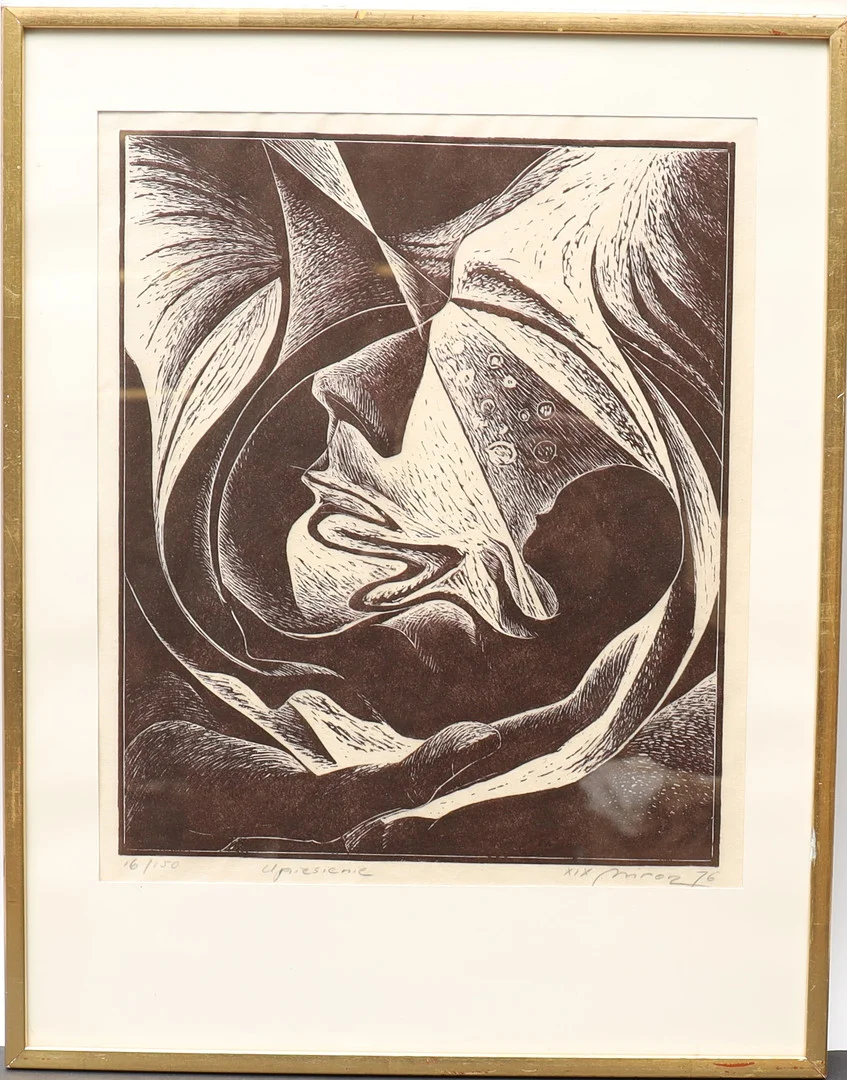 MIROSŁAW EUGENIUSZ DŁUGOSZ. Figurkomposition, färgträsnitt, signerat, numrerat och daterat 76. — Engravings & Prints — Falun Auktionsbyrå