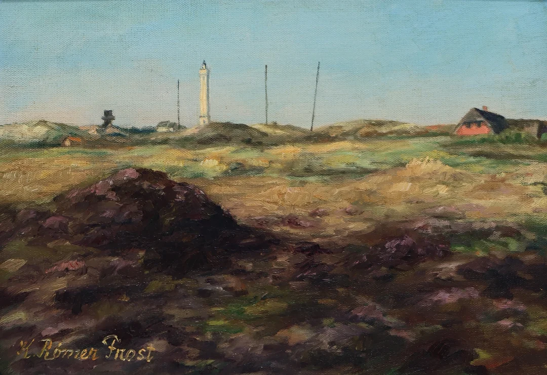 KAREN RØMER FROST (1891-1971). Motiv fra Blåvandshuk fyr, Danmarks vestligste punkt, olie på lærred, signeret. — Paintings — Palsgaard Kunstauktioner
