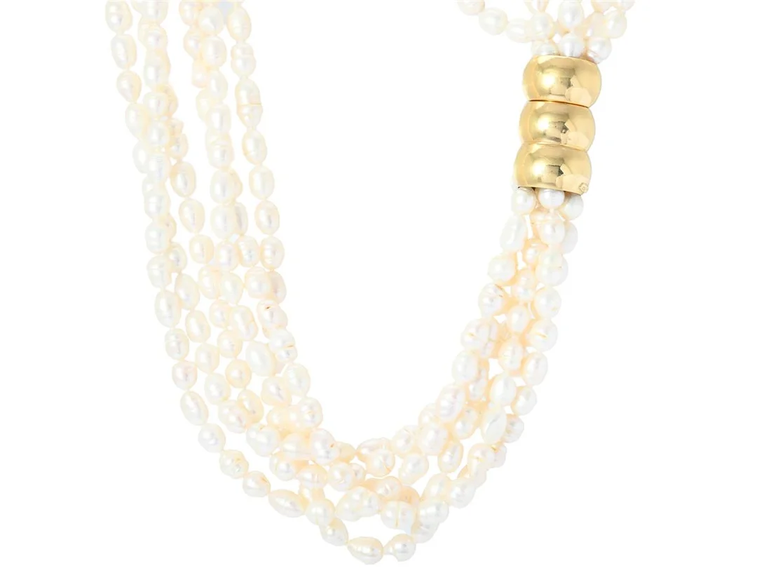 PÄRLCOLLIER, flerradig, odlade sötvattenspärlor ca 6,5-7,5 mm, lås i 18K guld, längd ca 56 cm, vikt 200,6 g. — Smycken/Pärlcollier — Kaplans