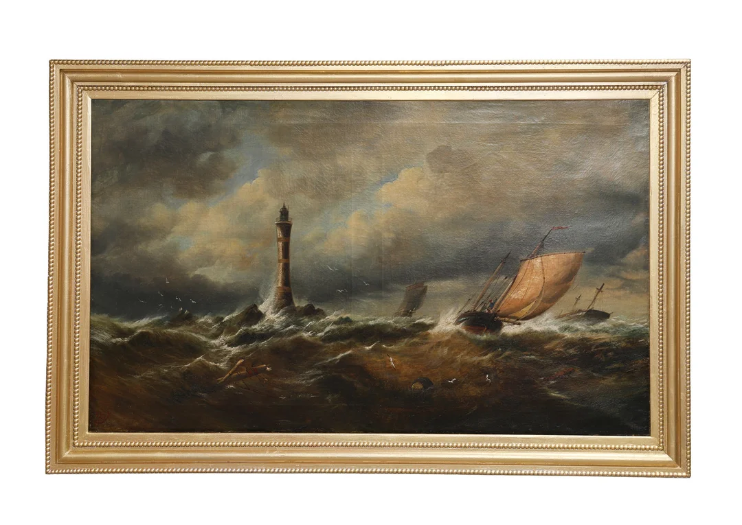 WILLIAM BROOME (BRITISH, 1838-1892) "FISHING BOATS ON A STORMY SEA BY A LIGHTHOUSE". — Paintings — Bishop & Miller