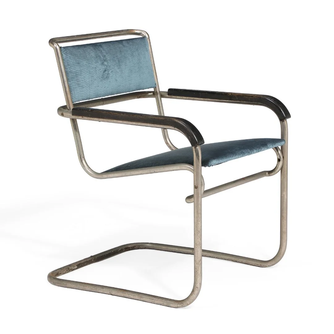 Swedish design: Cantilever funkis chair with nickel-plated steel tube frame. Seat and back upholstered with turquoise velours. — Modern Furniture — Bruun Rasmussen
