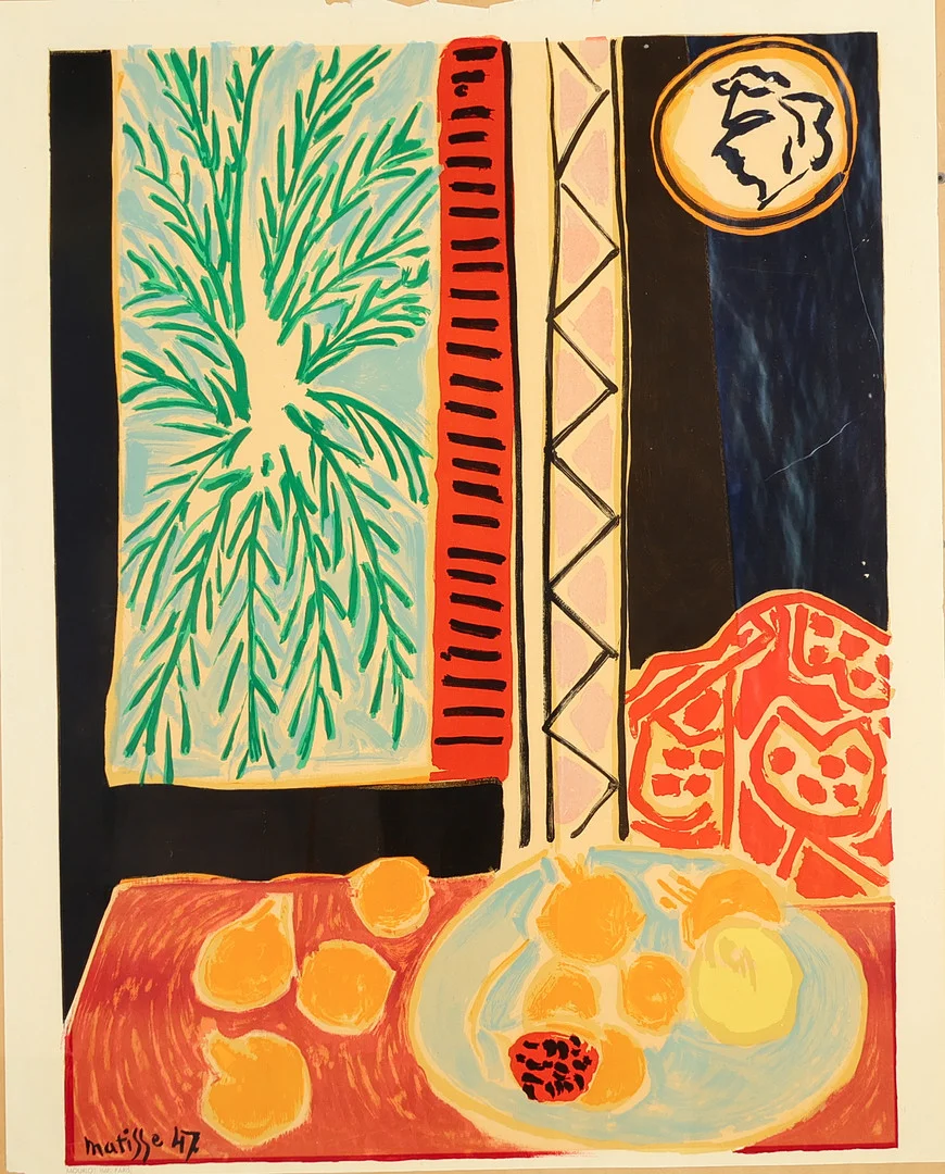 HENRI MATISSE (1869-1954). Farvelitografisk tryk 'Nature morte aux grenades' efter originalen fra 1947, trykt hos Mourlot Paris. — Engravings & Prints — Palsgaard Kunstauktioner