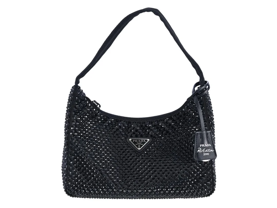 PRADA, VÄSKA, Satin Mini-Bag With Crystals, svart satin, svarta syntetiska kristaller, 22x17x6 cm, dustbag, originalkartong. Very Good Condition. — Accessoarer/Väskor — Kaplans