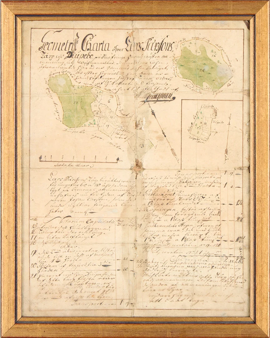 KARTA. "Geometri Charta öfwer Lars Parsons tårp vid Duipebo", 17-/1800-tal. — Autographs & Manuscripts — Uppsala Auktionskammare