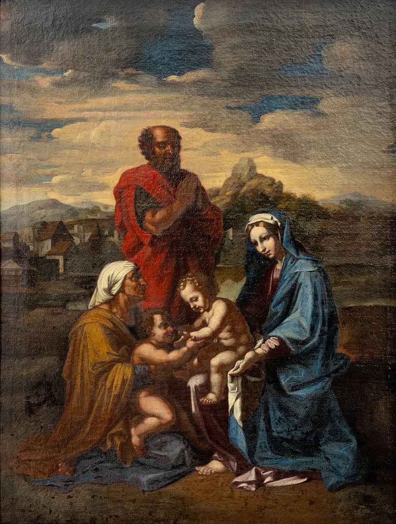 NICHOLAS POUSSIN. EFTER. "Den heliga familjen" efter orginalet i Louvrén, olja på uppfodrad duk, 1700-tal. — Paintings — Auktionshuset Kolonn