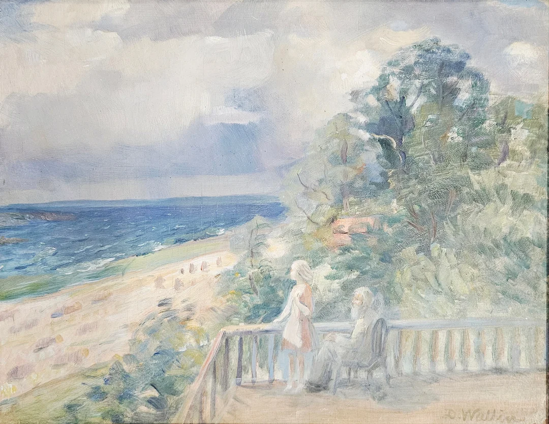 DAVID WALLIN. Utsikt över Vättern vid Alvasta. Olja på pannå, signerad D. Wallin, daterad a tergo 1935. — Paintings — Auktionshuset Thörner & Ek