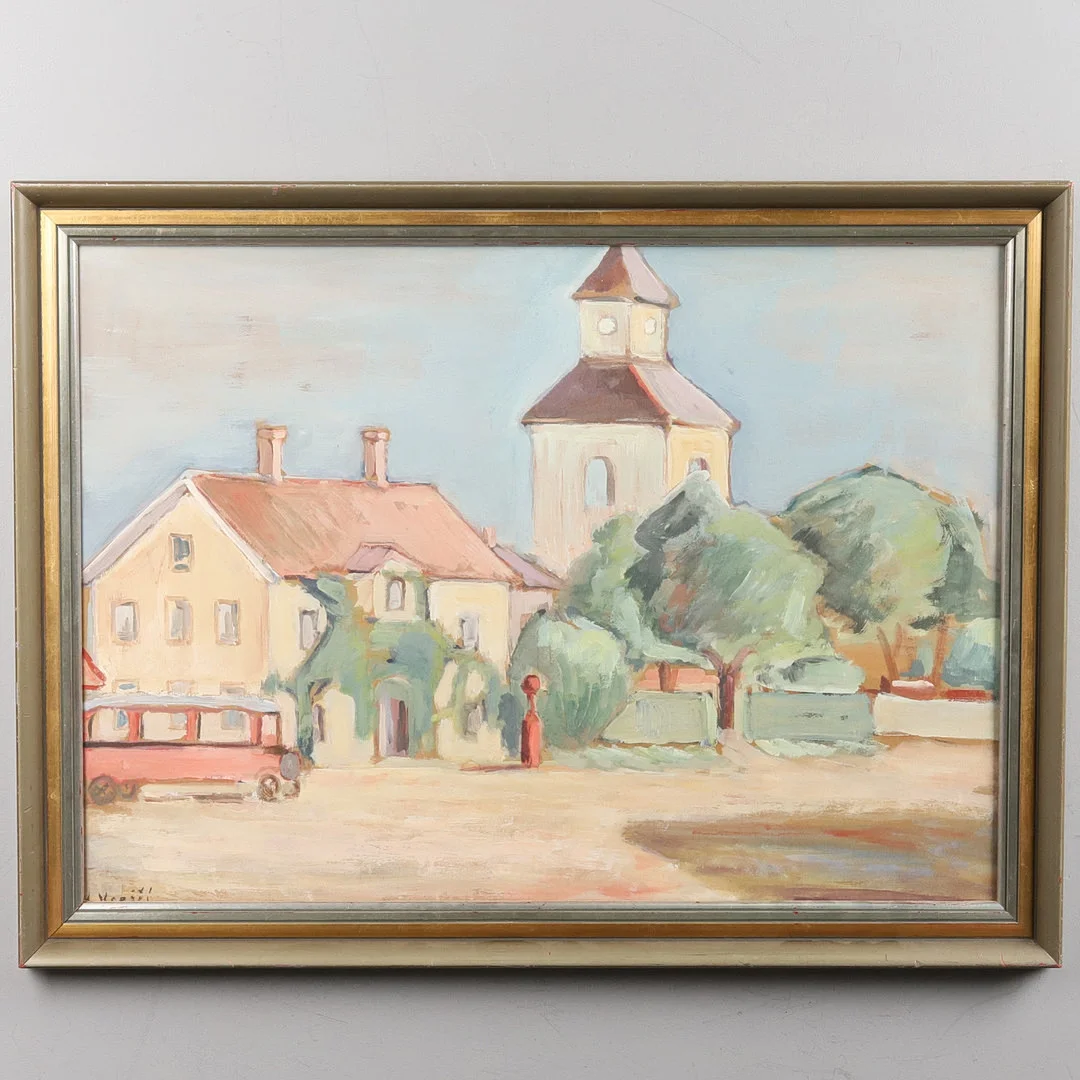 KAREL KREJCI. Gouache. Södra Unnaryds Kyrka, signerad. — Paintings — Örebro Stadsauktioner