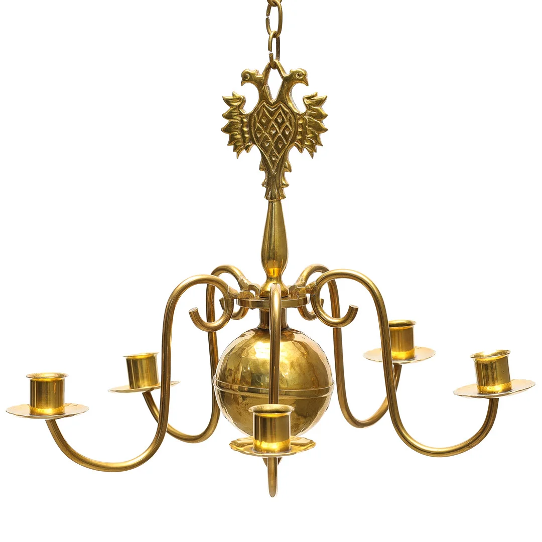 LJUSKRONA, 5-ljuspunkter, mässing, Arvid Johansson Arvika Konstsmide. — Chandeliers — Auktionsmagasinet Vänersborg