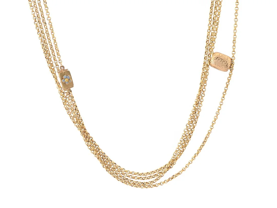 COLLIER, 18K guld, ärtlänk, emalj, Johan Hasselgren, Lund 1871, längd ca 200 cm, vikt 26,7 g — Smycken/Collier — Kaplans