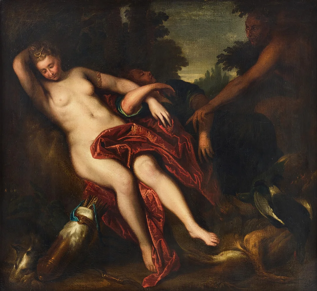 ANTHONY VAN DYCK (ANTWERP 1599-1641 LONDON). Hans efterföljare, 17/1800-tal. Diana och en nymf som blir upptäckta av en satyr. — Paintings — Stockholms Auktionsverk Magasin 5