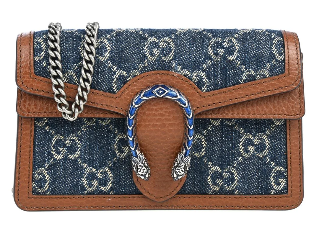 GUCCI, VÄSKA, Dionysus Super Mini, GG Supreme Denim, brunt läder, blå emalj, silverfärgade beslag, 16,5x11x4 cm, care booklet, dustbag, originalkartong. Excellent Condition. — Accessoarer/Väskor — Kaplans