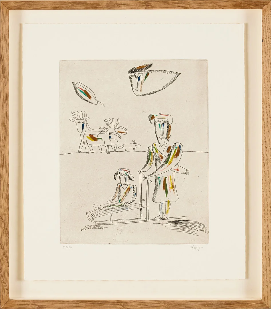 MADELEINE PYK. Vintermotiv med figurer och släde, etsning, signerad och numrerad 27/56. — Engravings & Prints — Stockholms Auktionsverk Magasin 5
