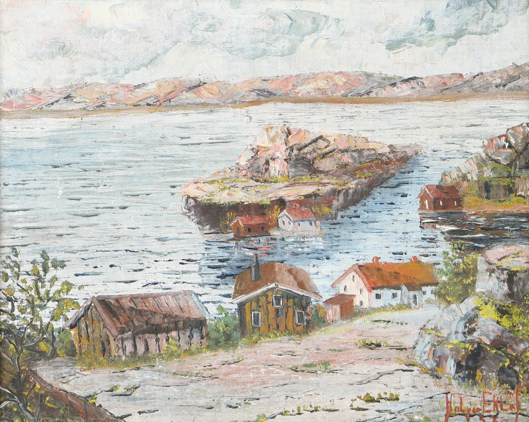 HOLGER EKLÖF. Kustparti med hus, olja på duk, signerad. — Paintings — Helsingborgs Auktionskammare