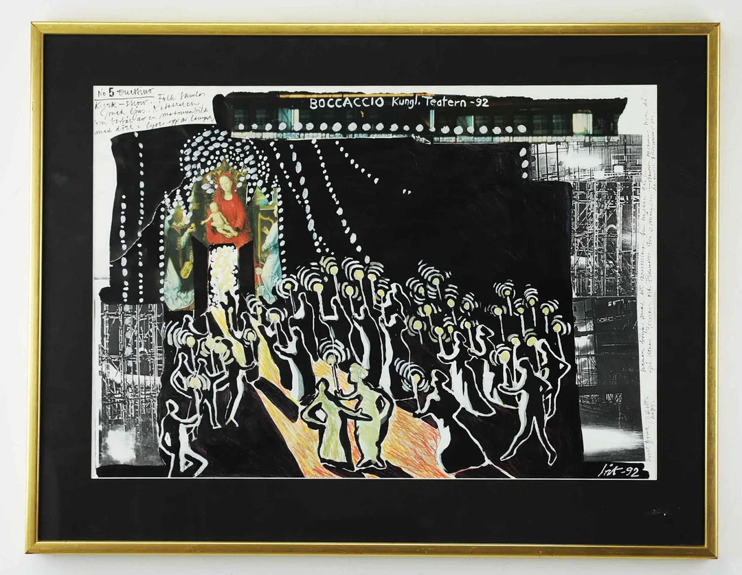 LARS-ÅKE THESSMAN (1947-). Blandteknik med collage, från föreställningen Boccaccio, Kungliga Teatern 1992. Signerad L-ÅT. — Paintings — Hälsinglands Auktionsverk