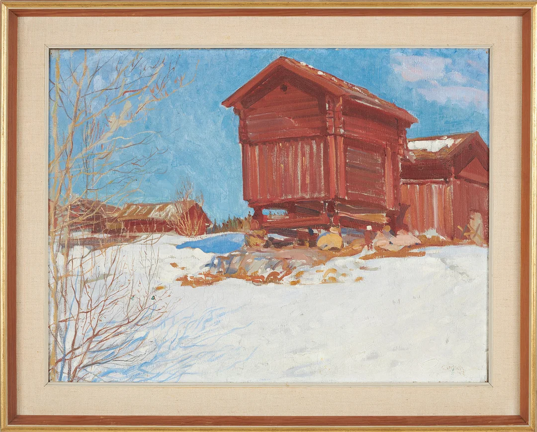 IWAN CONSTANTIN JOHANSSON. Timmerhus i vinterlandskap, olja på duk, signerad. — Paintings — Stockholms Auktionsverk Sickla