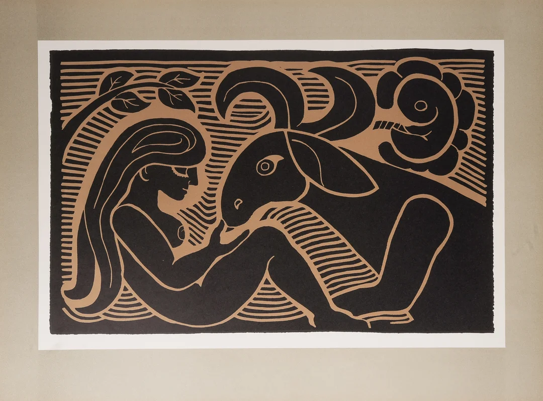 Henry Heerup (b. Copenhagen 1907, d. 1993): 'Mother, child & Goat', c. 1980. linocut. — Paintings and sculptures/Prints and photography — Lauritz