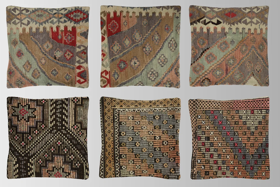 KUDDFODRAL. Parti Kuddfodral 6st, anatoliska Kelim fragment, 50 x 50 cm. — Oriental Carpets & Textiles — Gomér & Andersson Linköping