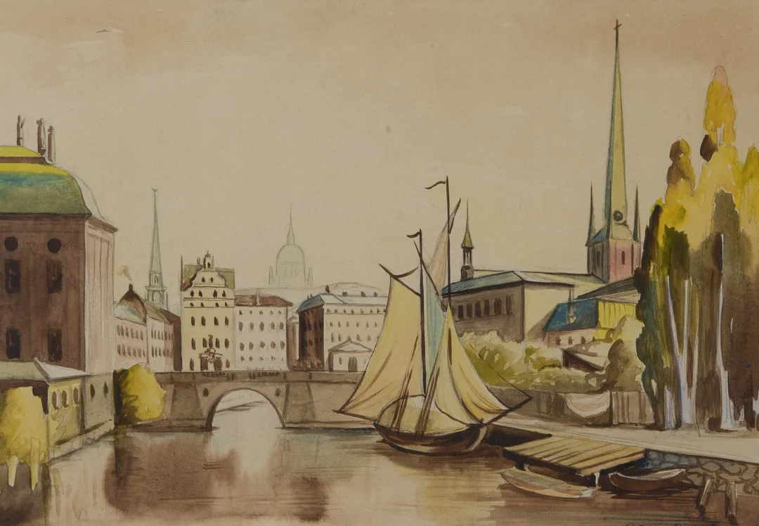 EINAR NORELIUS. Utsikt över Gamla Stan, akvarell på papper. signerad, daterad 1928. — Paintings — Formstad Auktioner