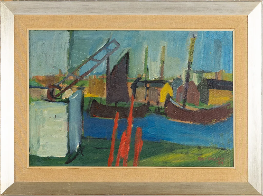 ROLF PALVÉN. Hamnmotiv med fartyg, olja på pannå, signerad och daterad 1954. — Paintings — Stockholms Auktionsverk Helsingborg